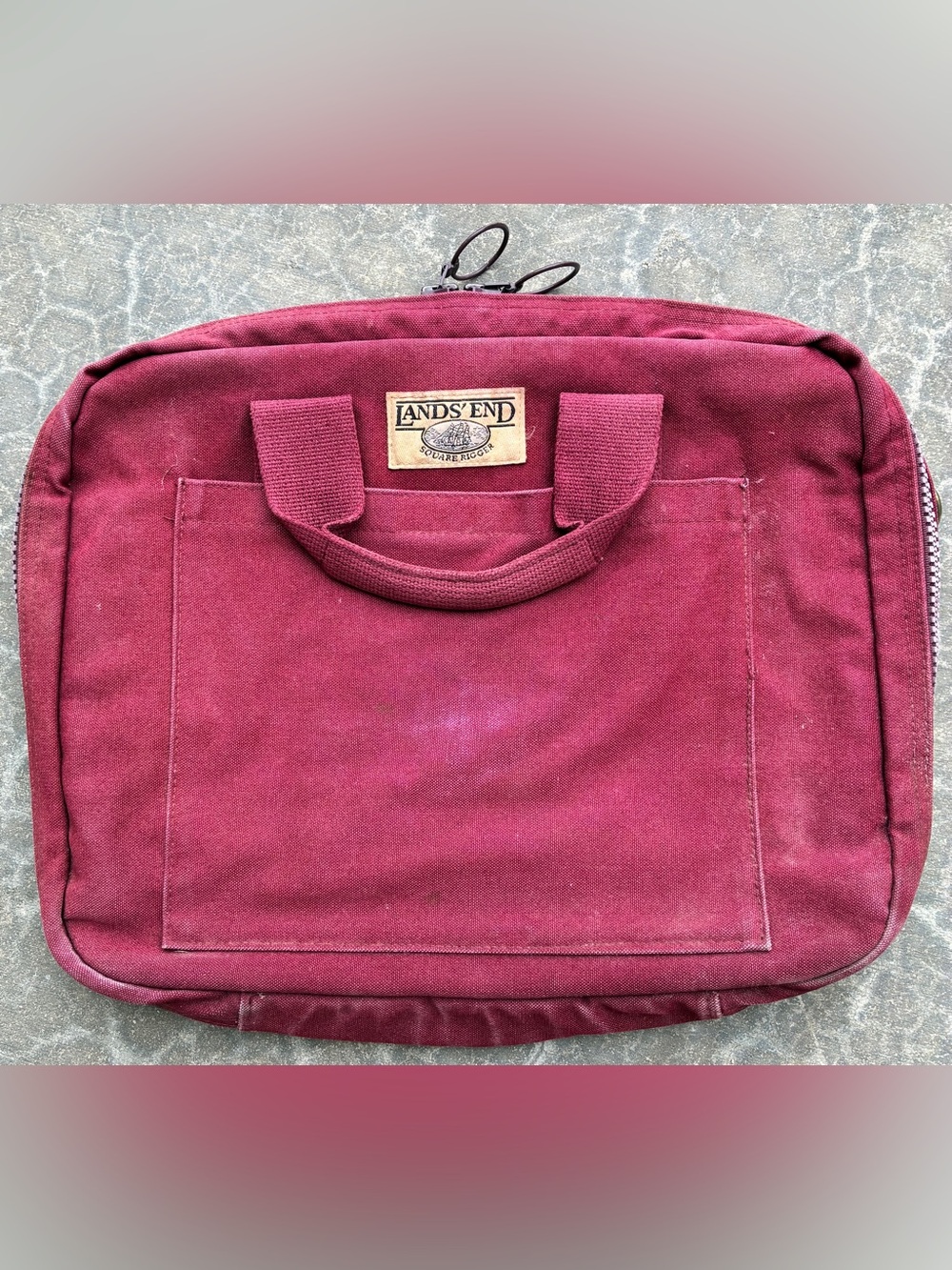 Lands End Canvas Square Messenger USA Made Maroon Distressed Bag Has Been Washed
